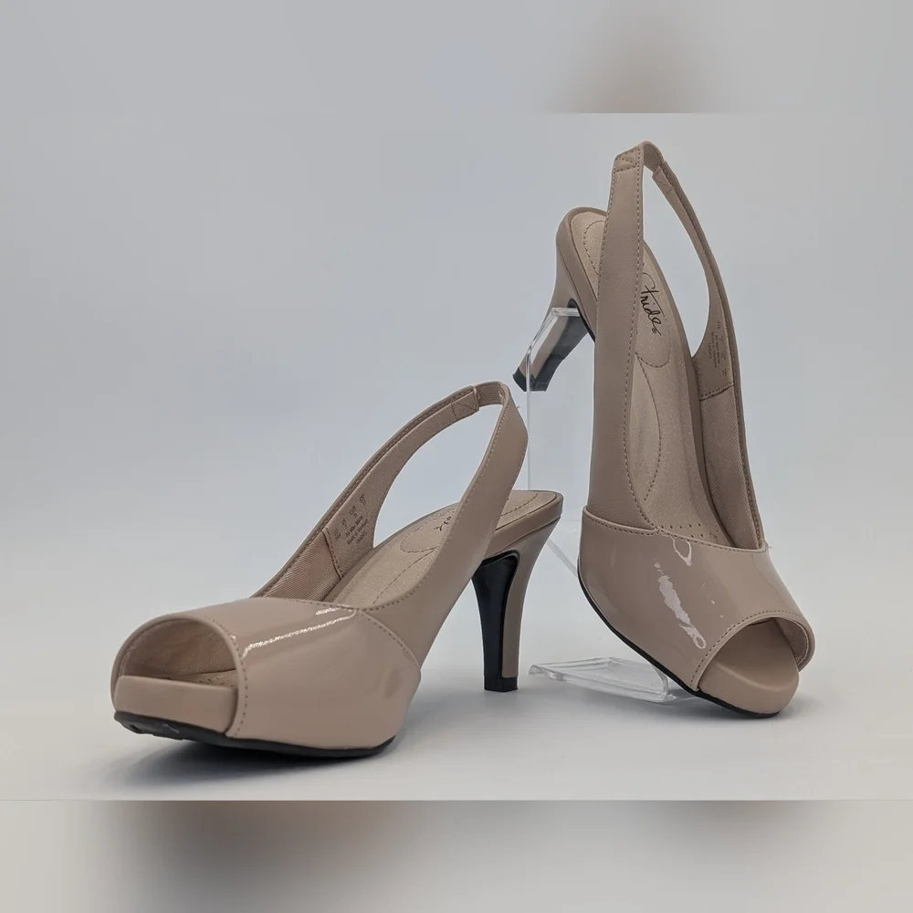 Life Stride Tannis Soft System Size 5M Taupe Patent Peep Toe Sling Back Heels